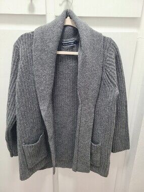 WoolOvers 100% Pure New Wool Shawl Collar Cardigan Sweater Grey- M/L Heavy Knit
